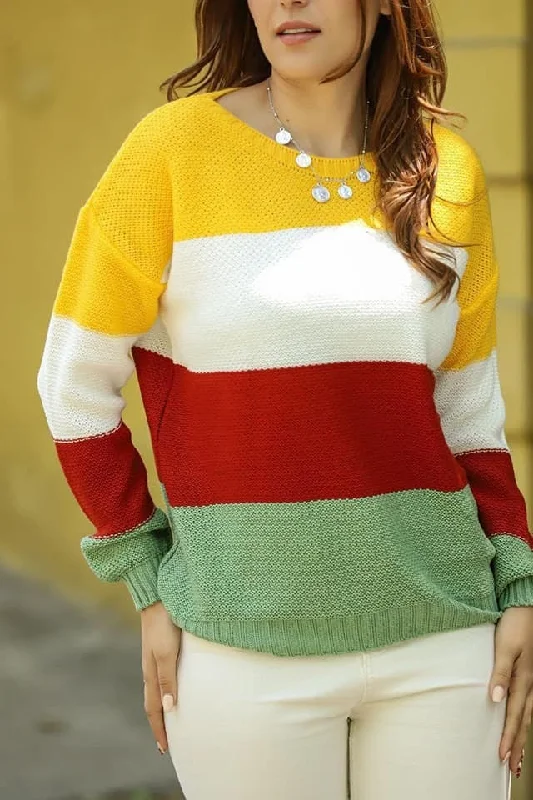 Women Colorblock Turkish Knitted Long Sleeves Sweater Fitted Loose Oversized