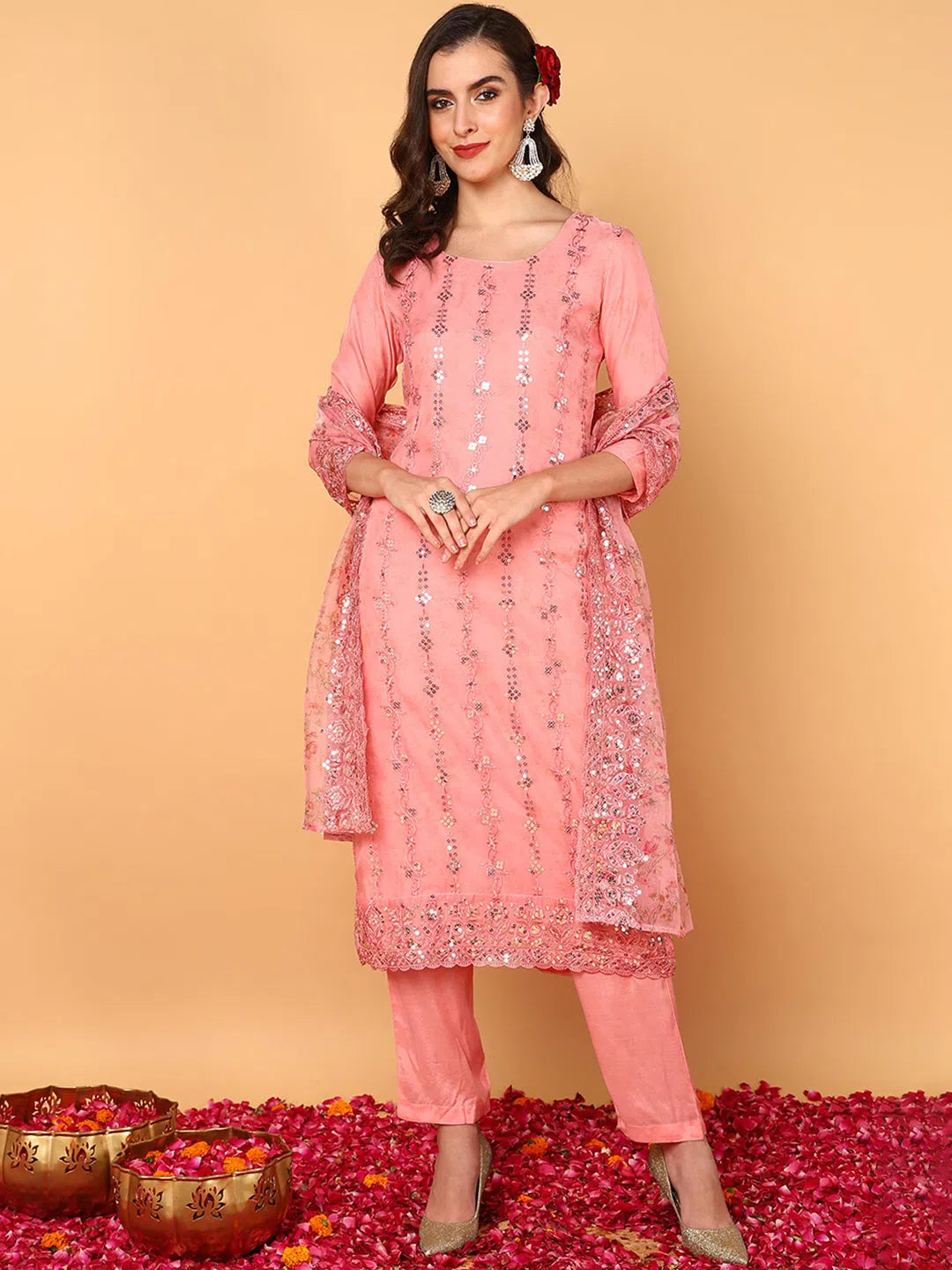 Ahika Women Pink Organza Floral Embroidered Straight Kurta Trouser With Dupatta Trousers Solid Black