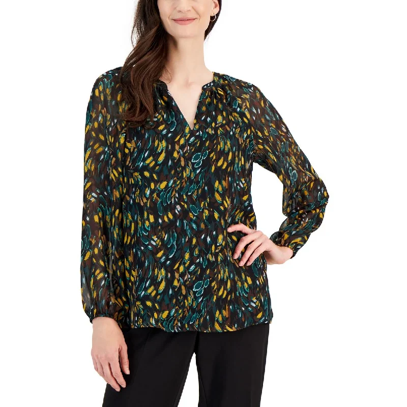 Petites Womens Printed Lined Pullover Top Tapered Sleeve Pullover