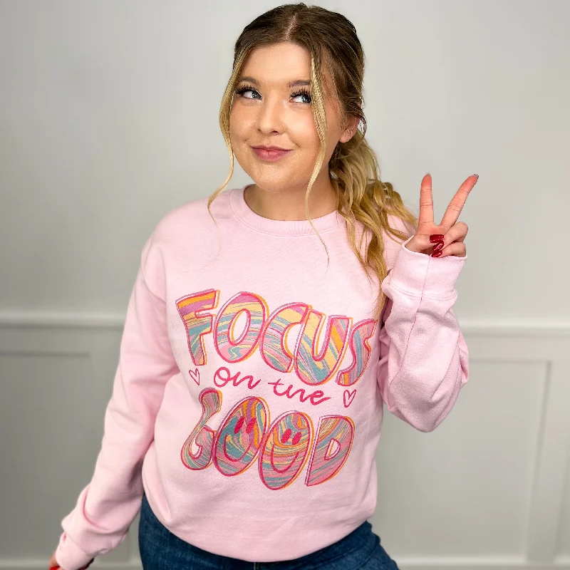 Groovy Focus on the Good Cotton Blend Long Sleeve Pink Avery Mae Graphic Crewneck Sweatshirt Hoodie with Back Slit Movement Comfort