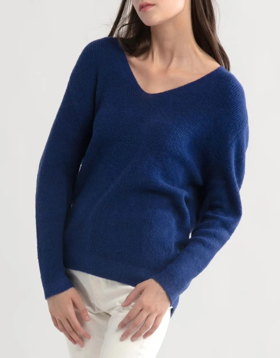 Ribbed V Neck Sweater in Royal Blue Thin Thick Dense