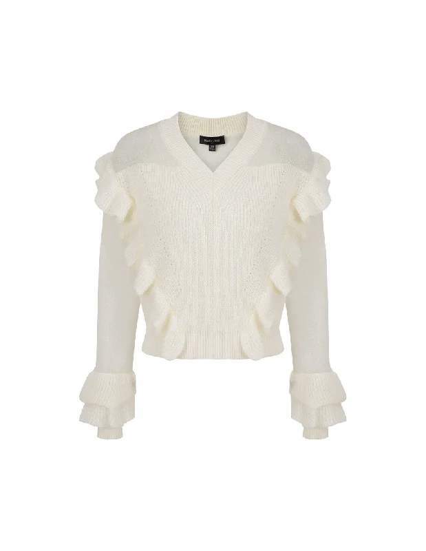 MARYLING Off-White V-Neck Ruffled Knit Pullover Puff Sleeve Stylish