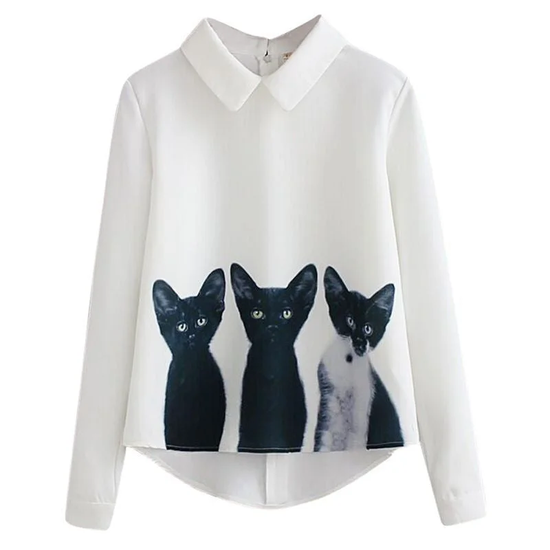 Fashion Cats Printed Pullover Shirts Long Sleeve Casual Women Korean White Blouse One Shoulder Top