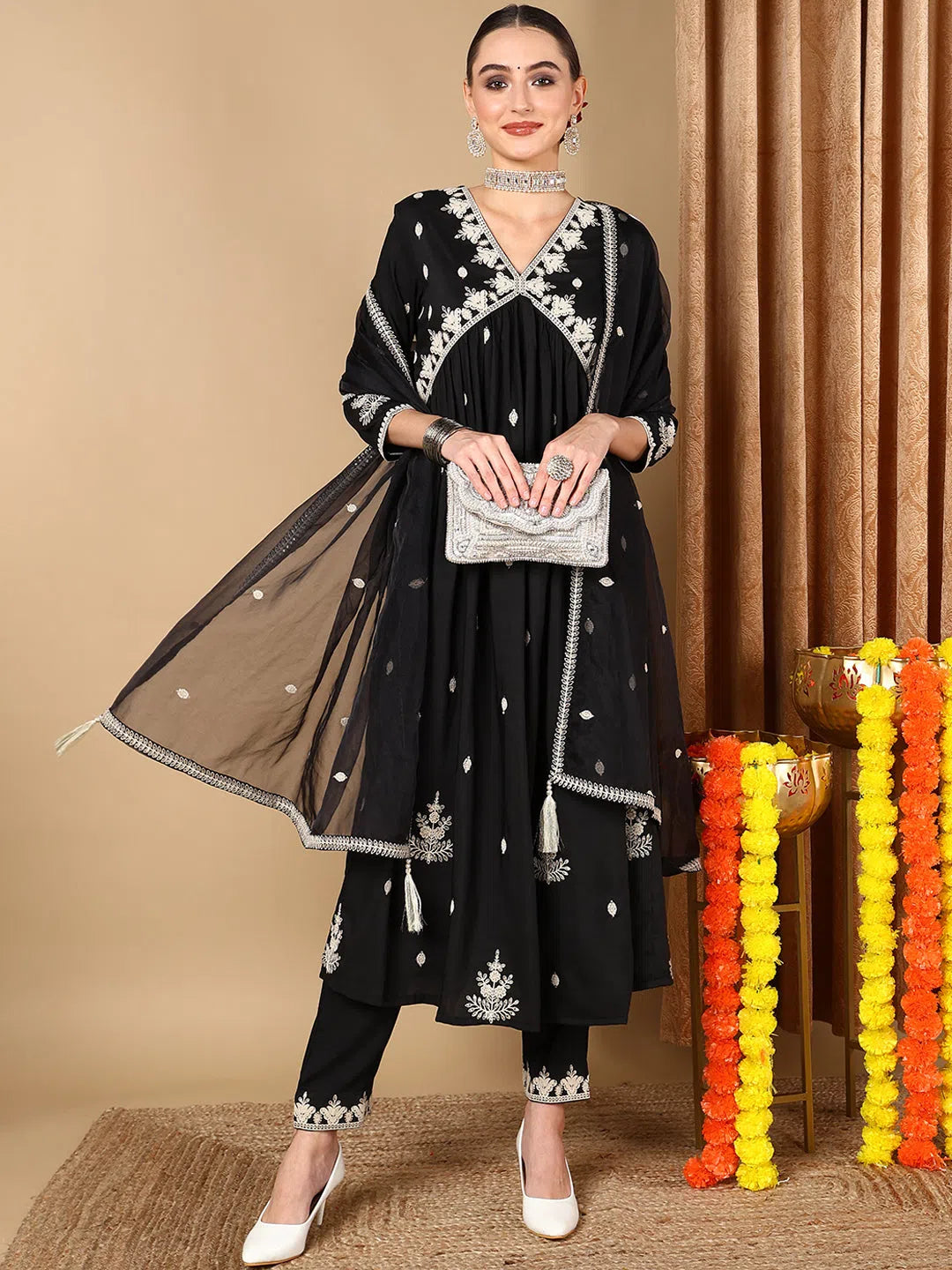 Ahika Women Black Silk Blend Solid Embroidered Kurta Trouser With Dupatta Trousers Spring Floral