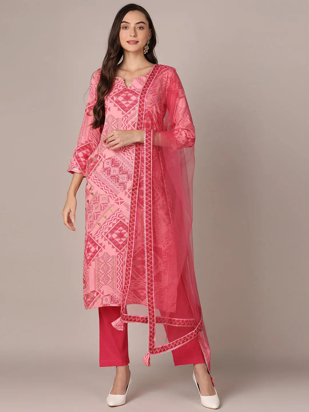 Ahika Women Pink Viscose Rayon Geometric Printed Straight Kurta Trouser With Dupatta-VKSKD1991_XS Trousers stylish modern