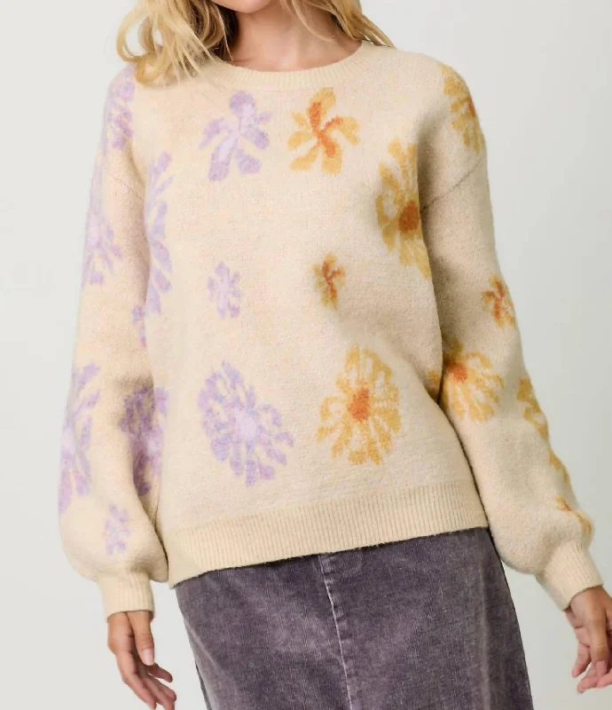 Floral Pullover Sweater In Ivory/lavender Zipper Front Cardigan