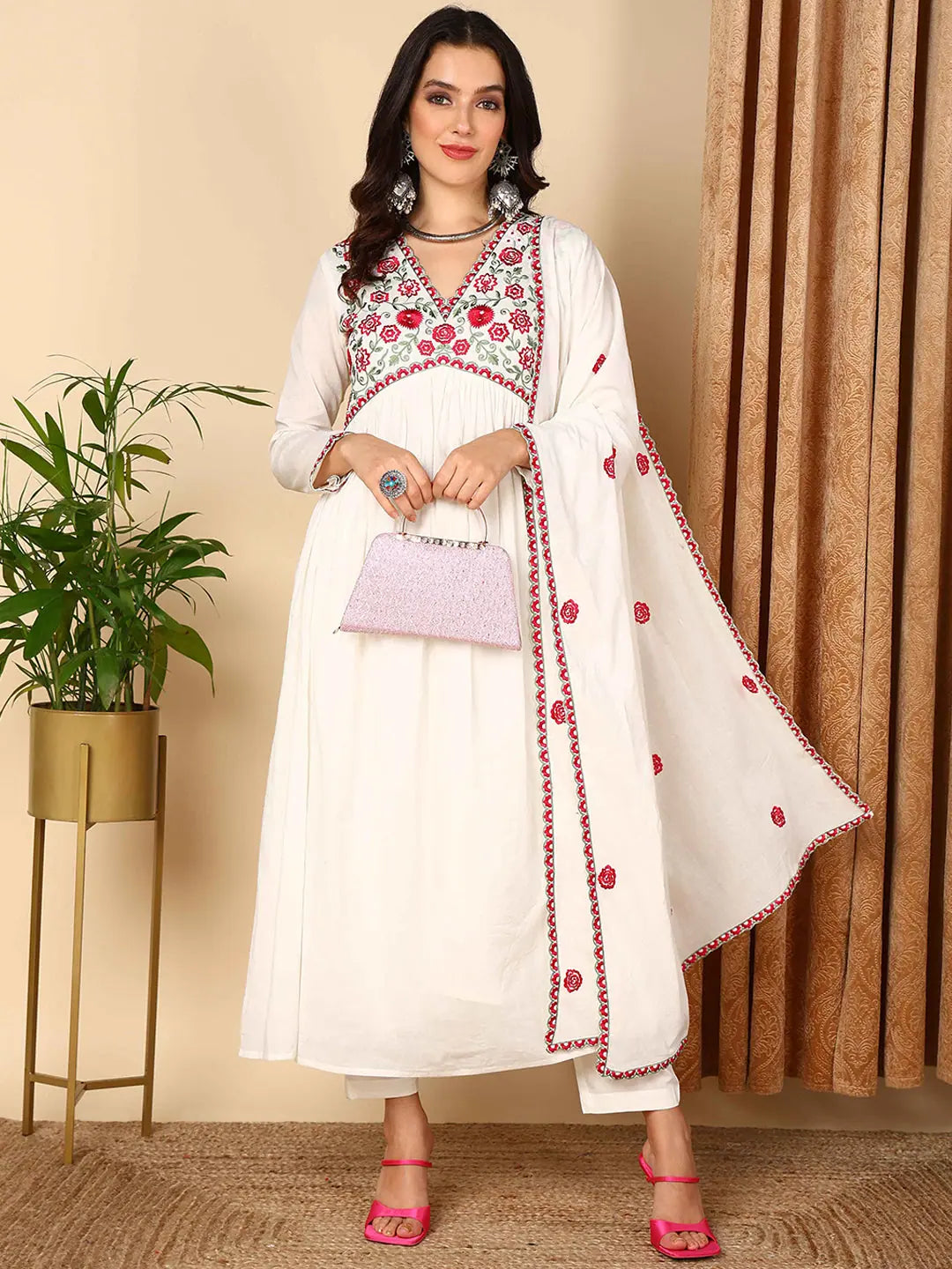 Ahika Women White Pure Cotton Solid Embroidered Anarkali Kurta Trouser With Dupatta Trousers Bestseller Popular