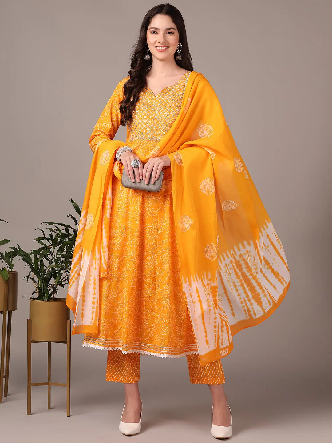 Ahika Women Yellow Pure Cotton Bandhani Yoke Design Thread Work Anarkali Kurta Trouser With Dupatta Trousers chic fashionable