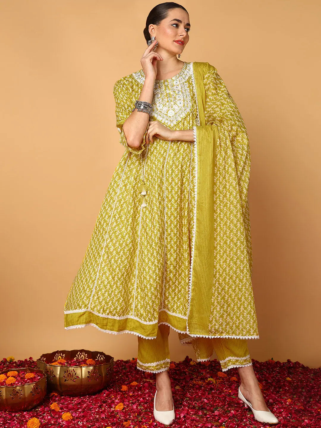 Ahika Women Yellow Viscose Rayon Ethnic Motifs Printed Flared Kurta Trouser With Dupatta Trousers Mesh Breathable