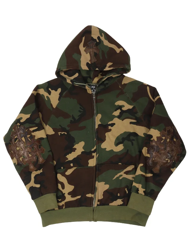 Camouflage Cross Patch Thermal Hoodie Hoodie with Raw Hem Edgy Unfinished