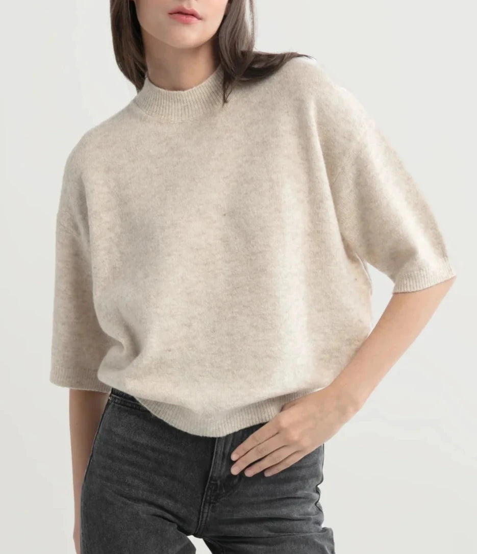 Mockneck Half Sleeve Sweater in Beige Silk Blend Satin Velvet