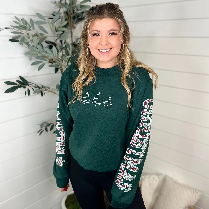 Be the Merriest Cotton Blend Long Sleeve Green Avery Mae Graphic Crewneck Sweatshirt Hoodie with Hem Drawcord Adjustable Customizable