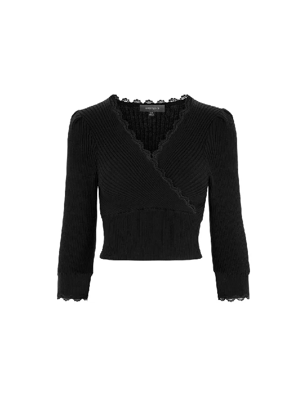 MARYLING Crossover V-Neck Paneled Lace-Trimmed Knitted Pullover Port Neck Pullover