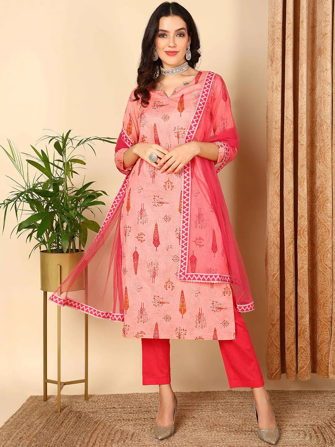 Ahika Women Pink Pure Cotton Ethnic Motifs Printed Straight Kurta Trouser With Dupatta-VKSKD1999_S Trousers Exclusive Limited