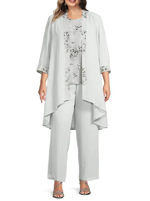 Chiffon Round Neck Floor-Length Plus Size Mother of the Bride Pantsuits with Jacket Cardigan Sweater Pullover