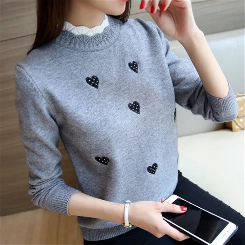 Sweater Womens Knitted Top Knit Sweater Ladies Embroidery Loose Wild Short Pullover Deep Neck Pullover