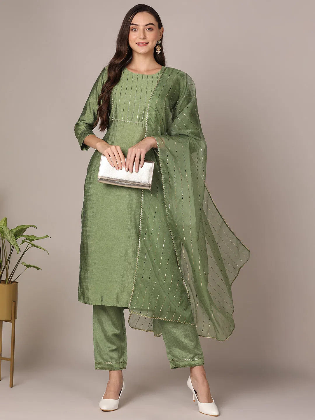 Ahika Women Green Poly Chanderi Solid Yoke Design Straight Kurta Trouser With Dupatta Trousers luxurious premium