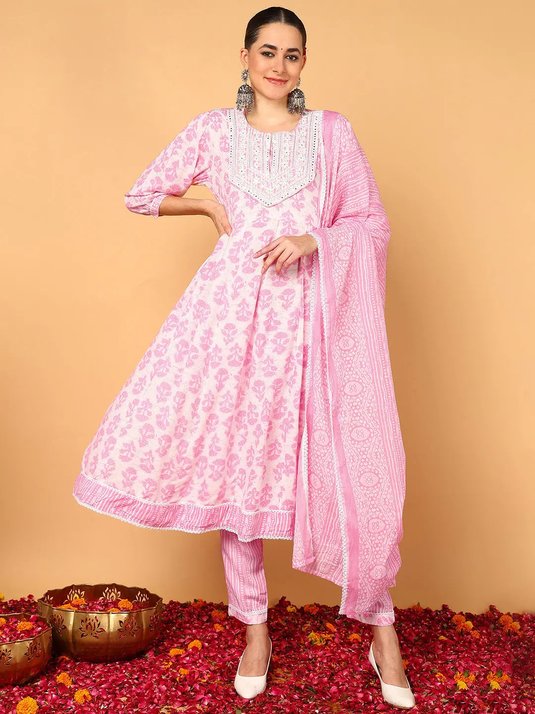 Ahika Women Pink Viscose Rayon Ethnic Motifs Printed Flared Kurta Trouser With Dupatta Trousers Trousers Formal