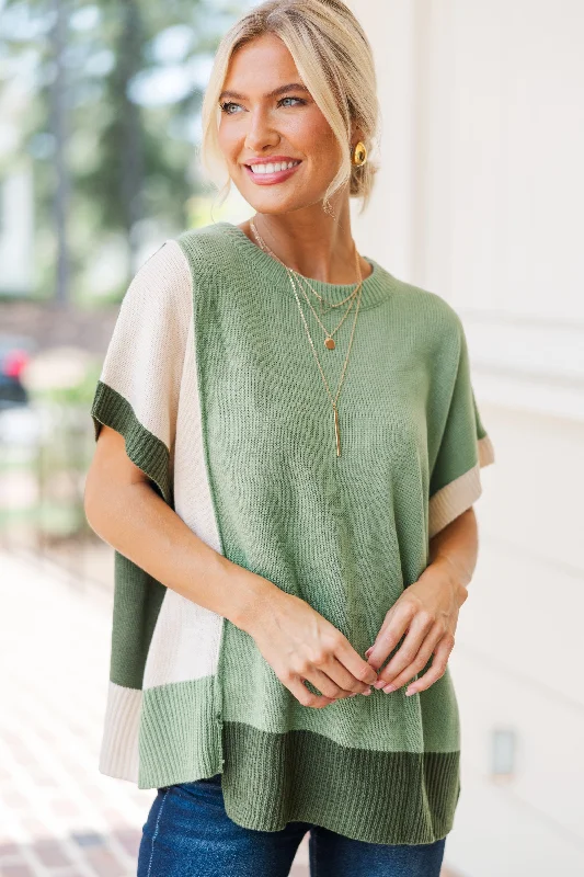 Just For Us Sage Green Colorblock Sweater Ribbed Striped Patterned