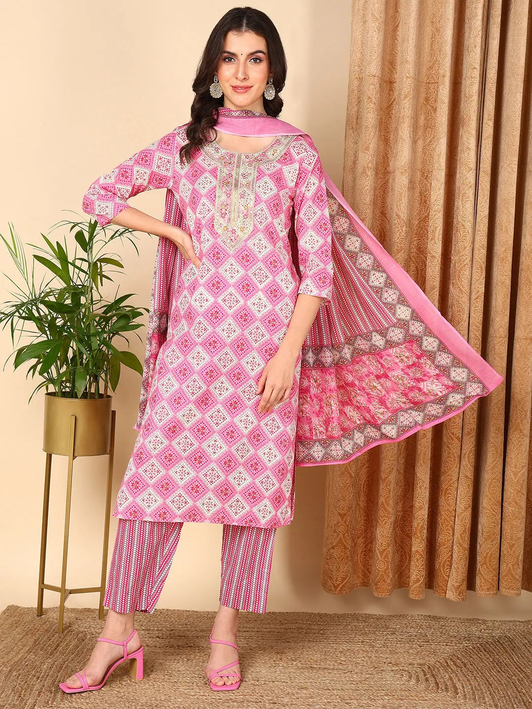 Ahika Women Pink Pure Cotton Geometric Printed Yoke Design Kurta Trouser With Dupatta Trousers Trousers Formal