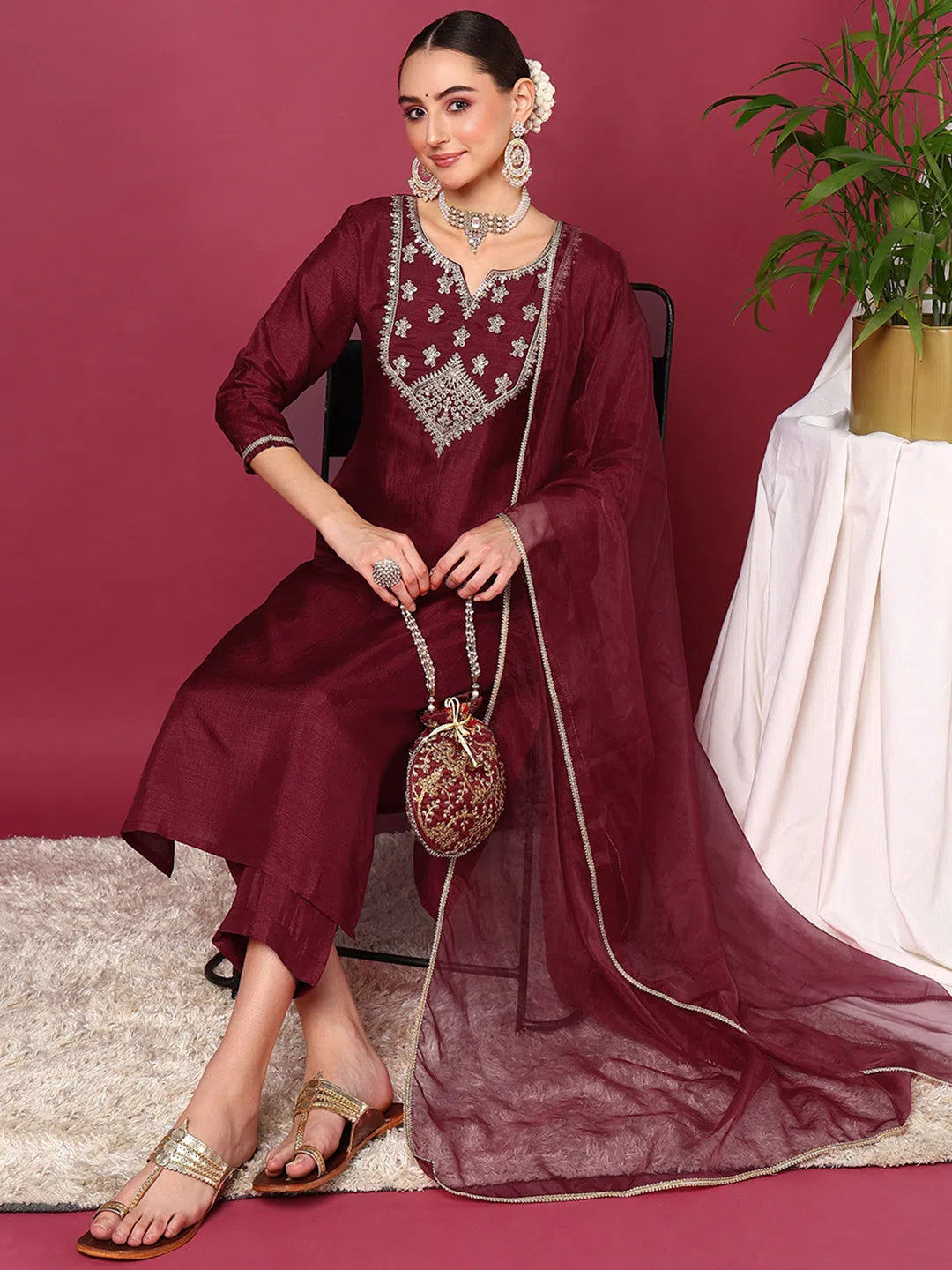 Ahika Women Burgundy Silk Blend Solid Yoke Design Straight Kurta Trouser With Dupatta Trousers Top Rated