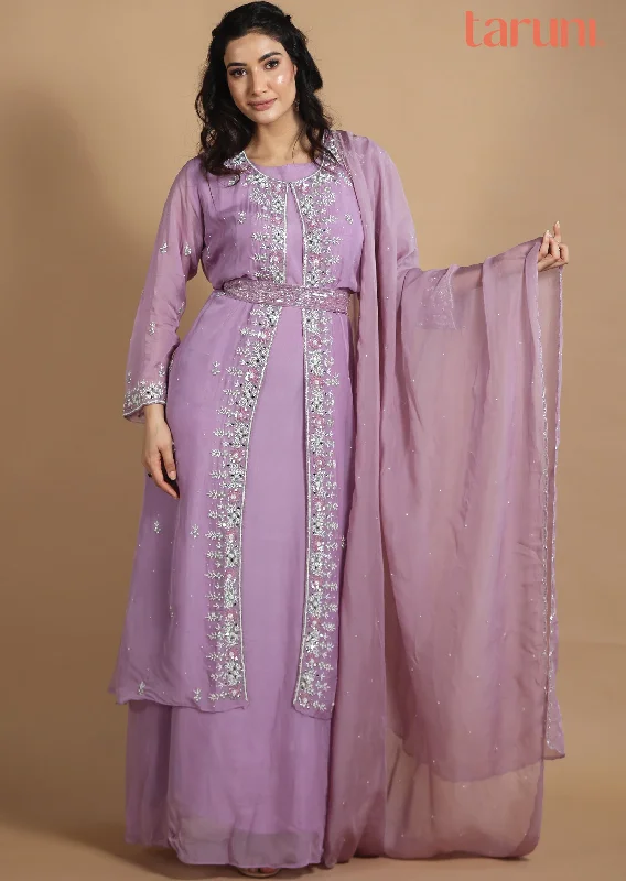 Light Lavender Organza Anarkali Dress with Long Jacket Elasticated Jacket Padded Jacket Insulated Jacket