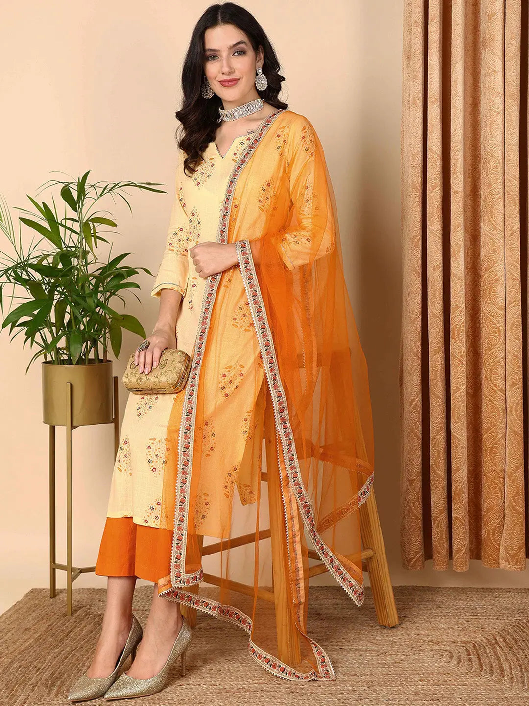 Ahika Women Yellow Pure Cotton Floral Printed Straight Kurta Trouser With Dupatta Trousers New Arrival