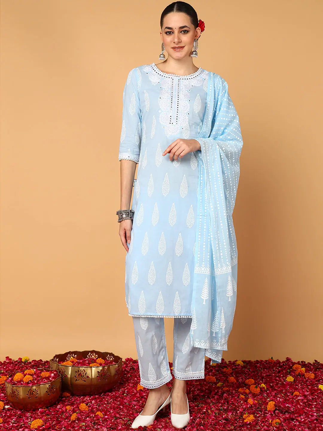 Ahika Women Blue Pure Cotton Ethnic Motifs Printed Straight Kurta Trouser With Dupatta-VKSKD2121_M Trousers Chinos Classic