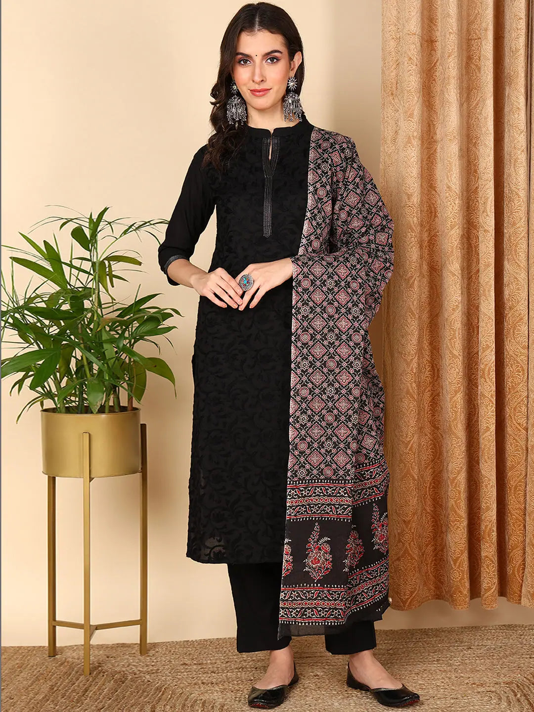 Ahika Women Black Pure Cotton Solid Embroidered Kurta Trouser With Dupatta Trousers Office Stylish