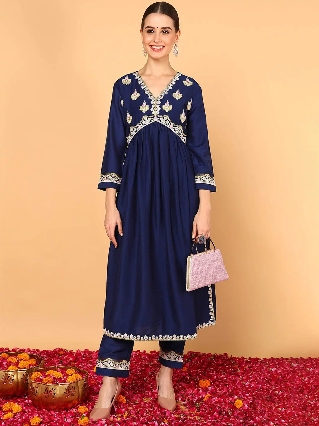 Ahika Women Navy Blue Silk Blend Solid Embroidered Flared Kurta with Trouser Trousers Print Floral