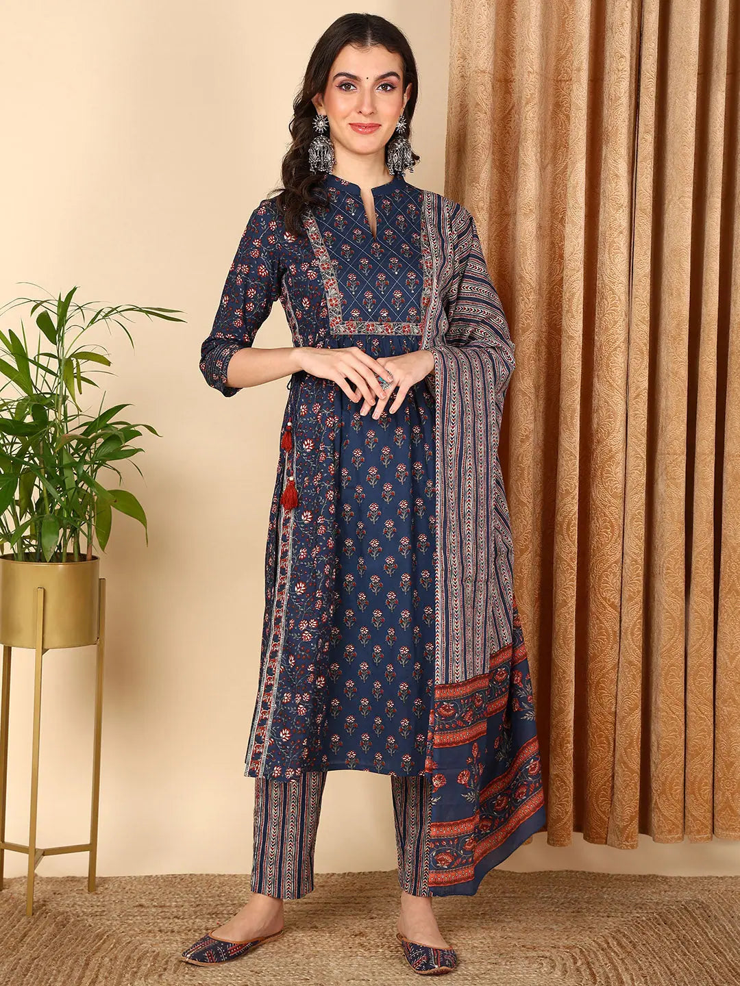 Ahika Women Blue Pure Cotton Floral Printed Yoke Design Kurta Trouser With Dupatta-VKSKD2022_M Trousers Business Professional