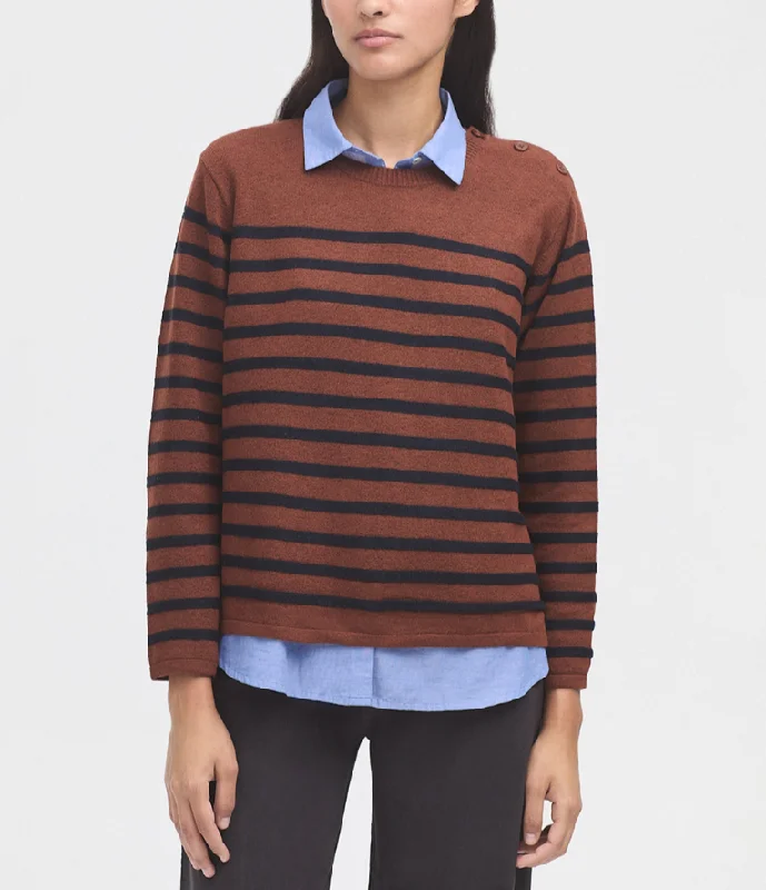 Round Neck Striped Sweater in Brown Fleece Sweater Nylon Polyester