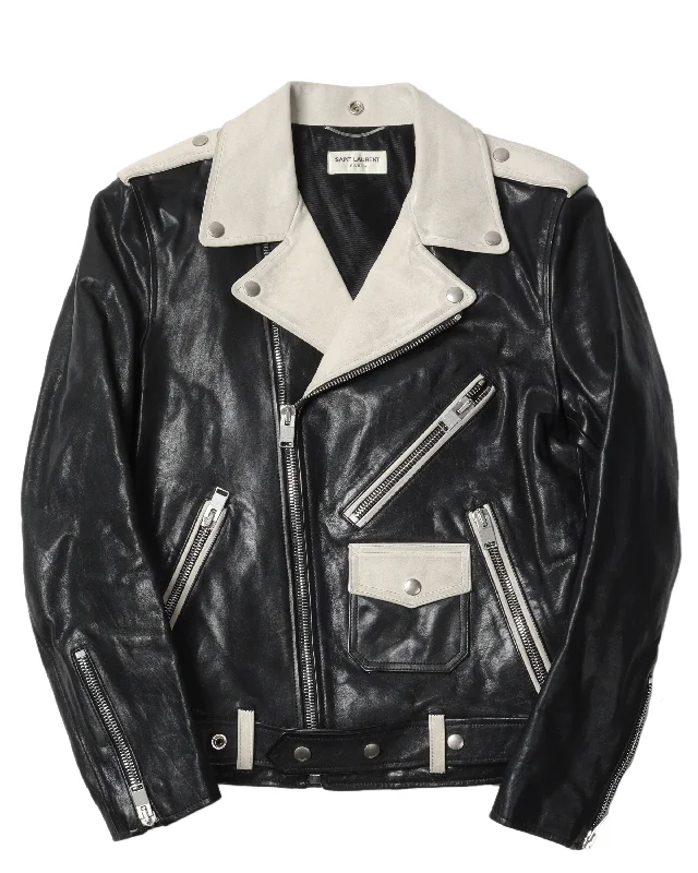 L17 Two-Tone Leather Biker Jacket Faux Fur Fabric Real Fur Fabric Shearling Fabric