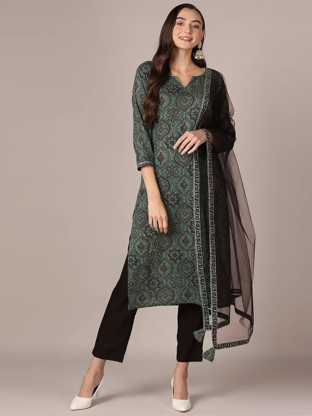 Ahika Women Green Pure Cotton Ethnic Motifs Printed Straight Kurta Trouser With Dupatta-VKSKD1993_XS Wide Leg Loose Fit Mid Waist