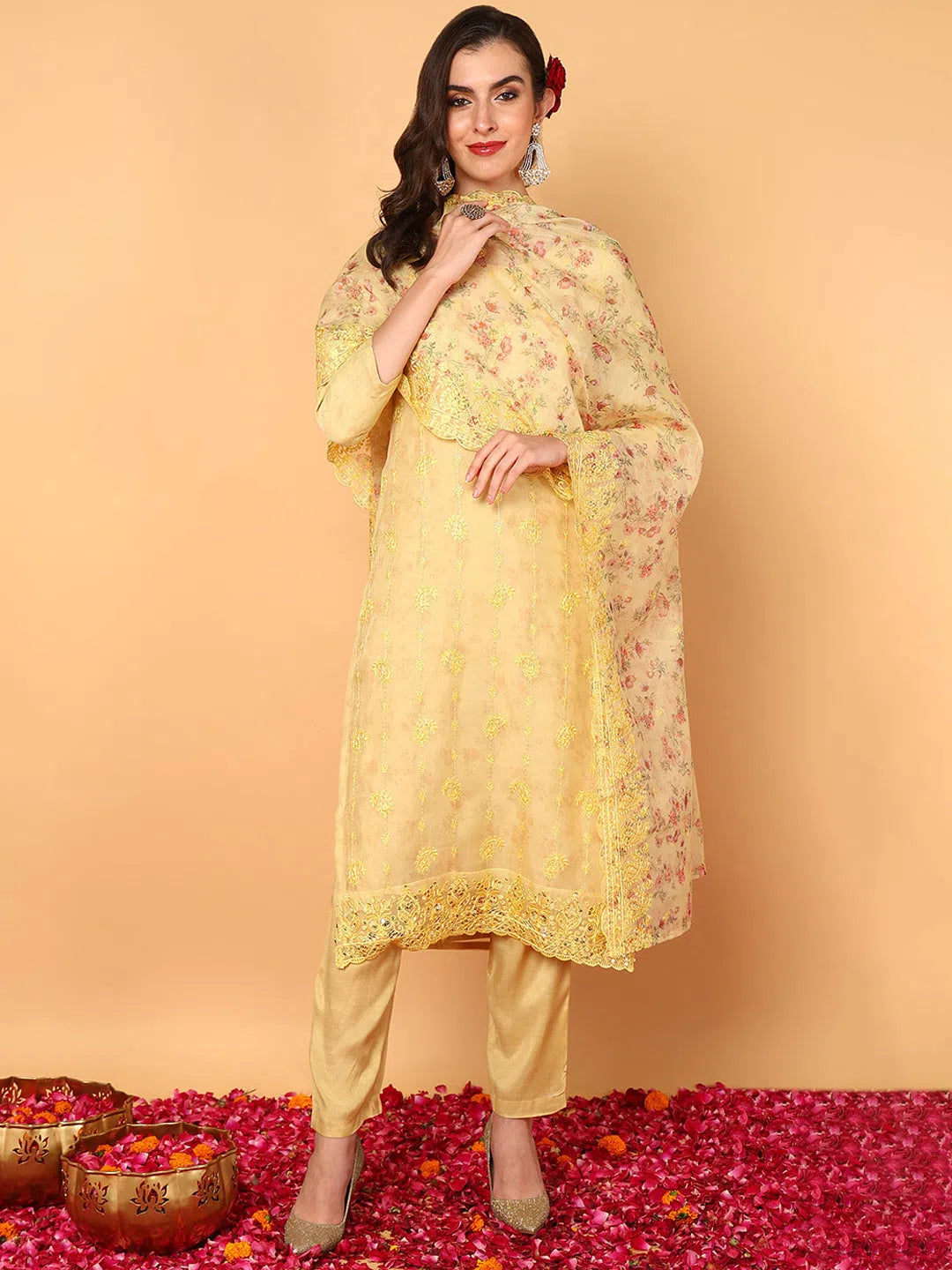 Ahika Women Yellow Organza Floral Embroidered Straight Kurta Trouser With Dupatta Trousers Floral Bohemian