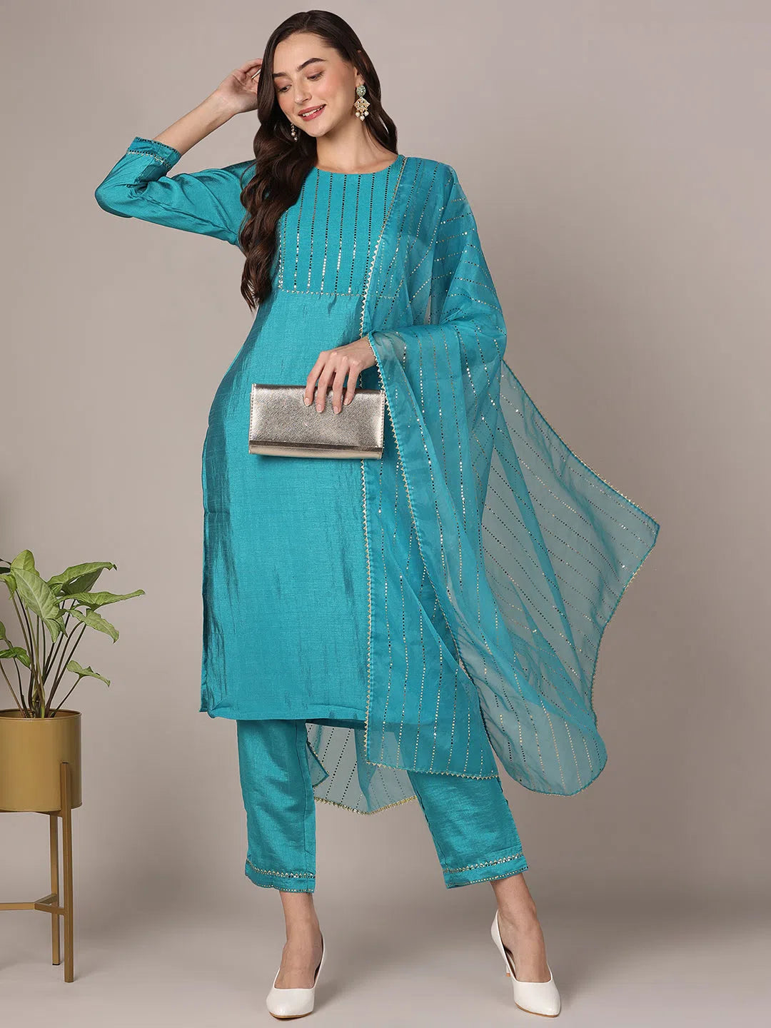 Ahika Women Teal Poly Chanderi Solid Yoke Design Straight Kurta Trouser With Dupatta Trousers luxurious high-end