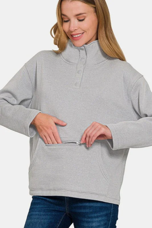 Zenana Turtleneck Half Snap Fleece Sweatshirt In Gray Hoodie with Fur Luxurious Winter