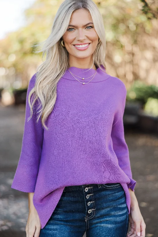 Just A Feeling Purple Mock Neck Sweater Glossy Satin Silk