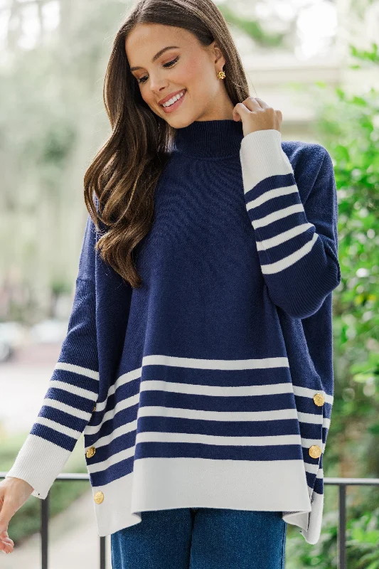 Maine Attraction Navy Blue Striped Sweater Toggled Drawstring Belted