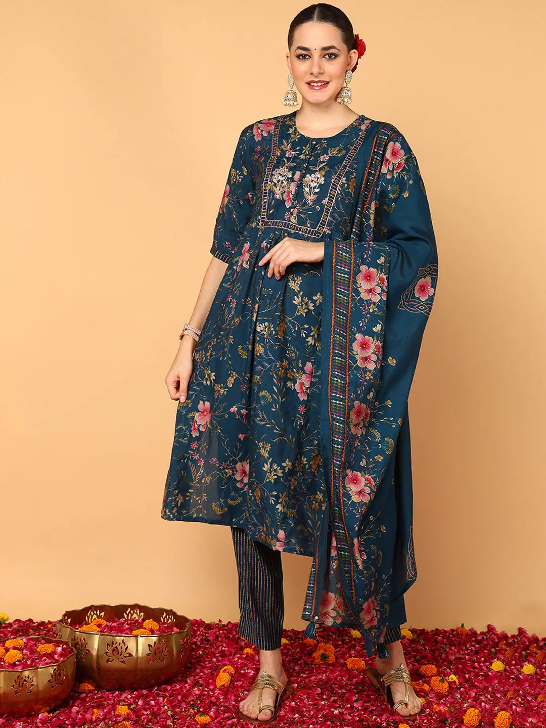 Ahika Women Teal Poly Chanderi Floral Printed Flared Kurta Trouser With Dupatta Trousers Satin Smooth