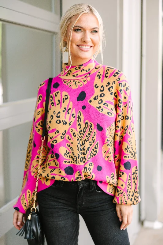 Fate: Dance Around It Fuchsia Pink Mixed Print Sweater Notch Collar Peter Pan Collar Cowl Neck