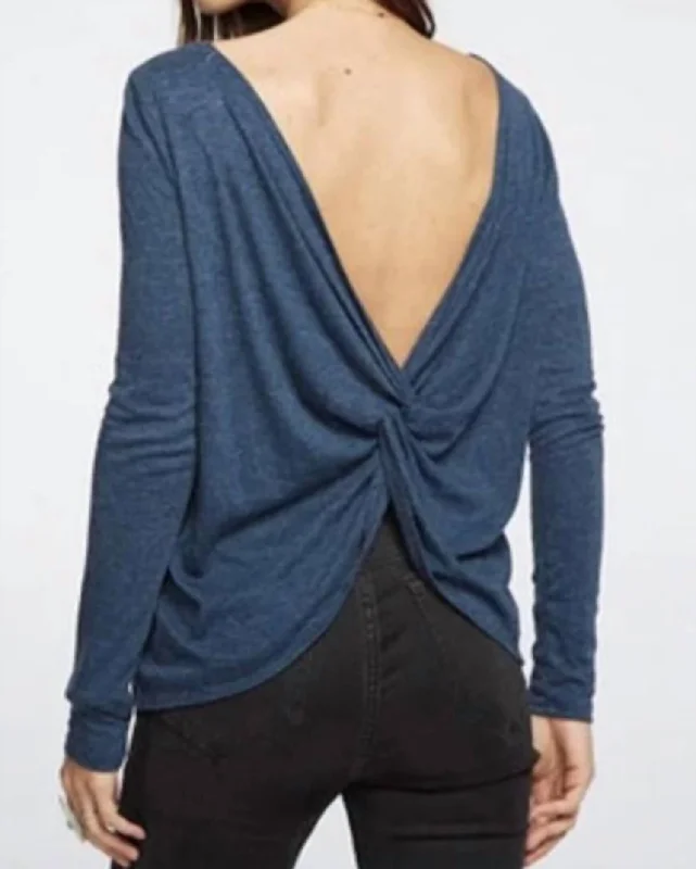 Long Sleeve Tri-Blend Twist Back Pullover In Amalfi Plunging Neck Pullover