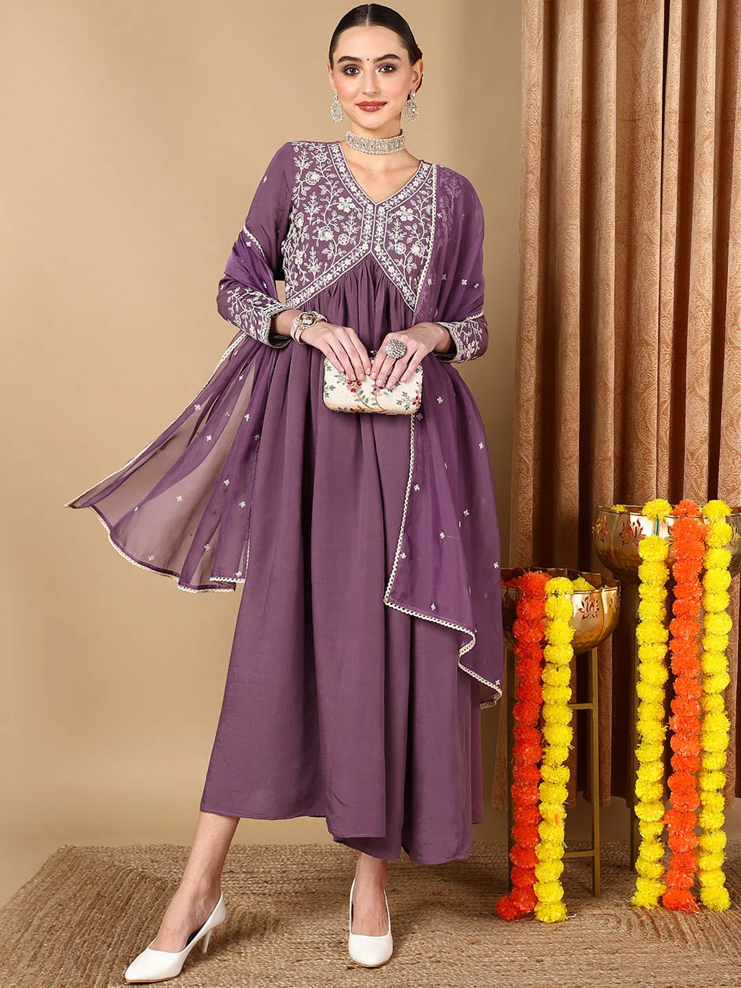 Ahika Women Purple Silk Blend Solid Embroidered Kurta Trouser With Dupatta Trousers Prom Sequined