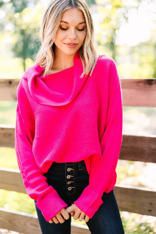 All You Know Hot Pink Cowl Neck Sweater Sequined Glittery Shiny