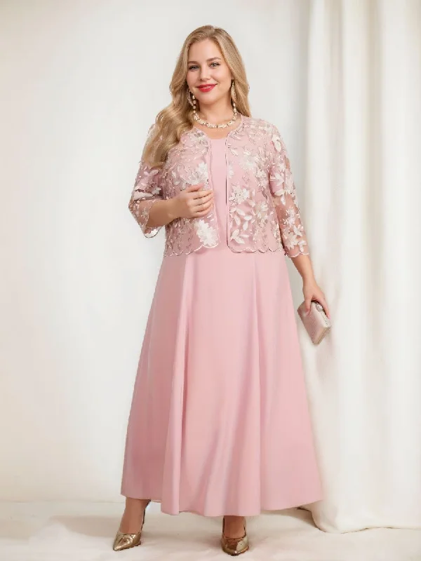 A-Line/Princess 3/4 Sleeves Tea-Length Plus Size Mother of the Bride Dresses with Appliques & Jacket Denim Jacket Leather Jacket Suede Jacket