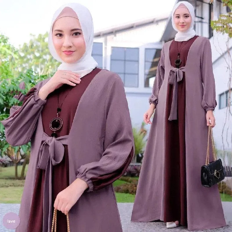 Women's gown Color Matching Lace Up Pullover Long Sleeved Dress abaya Blouson Sleeve Pullover