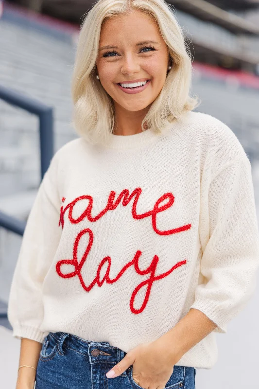 It's Game Day Ivory/Red Puff Sleeve Sweater Seamless Knitted Crochet