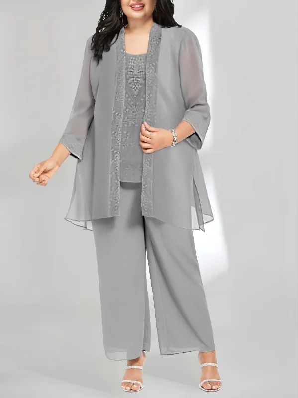 Chiffon Scoop Ankle-Length Plus Size Mother of the Bride Pantsuits with Jacket Quilted Jacket Puffer Jacket Insulated Jacket