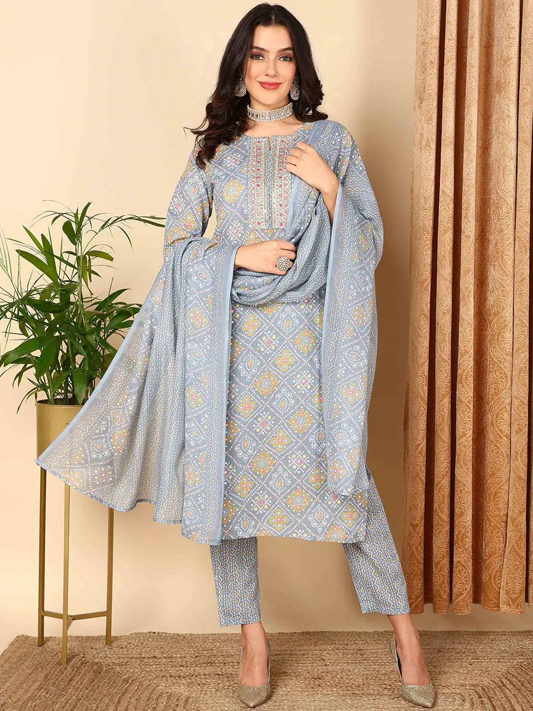 Ahika Women Grey Poly Cotton Bandhani Printed Straight Kurta Trouser With Dupatta Trousers Designer Luxury