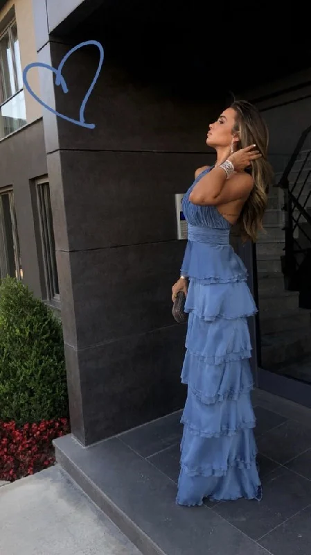 Elegant Blue Chiffon Prom Dress One Shoulder Layered Long Party Evening Dress cc1636